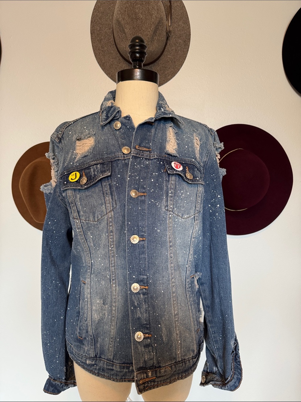 Washed Blue Distressed Denim Jacket with Paint-Splatter Detail